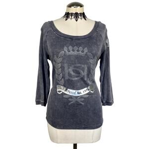 Vtg Y2K USA Bebe Bedazzled Rhinestone Mcbling Grunge Raglan Sweater Top Sz M